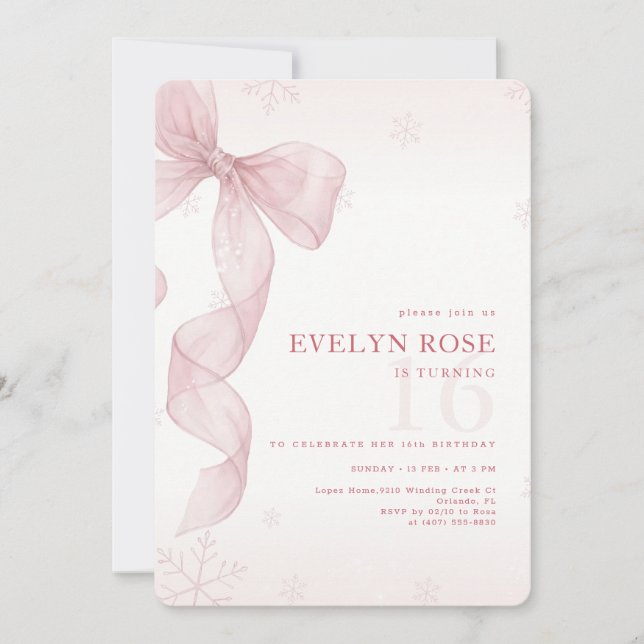 Invitación Blush Pink Bow Winter Snowflake 16th Birthday (Anverso)