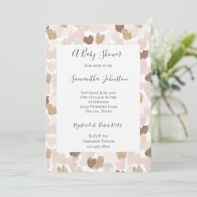 Invitación Blush Pink Brown Cream Hearts Baby Shower (Anverso de pie)