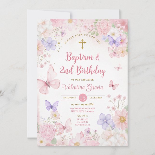 Invitación Blush Pink Butterfly Girl 2nd Birthday Baptism (Anverso)