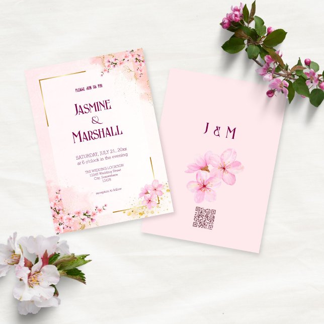 Invitación Blush Pink Cherry Blossom Gold Wedding Invitation (Subido por el creador)