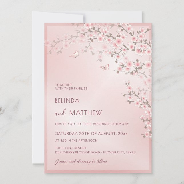 Invitación Blush Pink Cherry Blossom | Photo Casual Wedding (Anverso)
