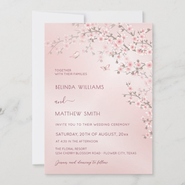 Invitación Blush Pink Cherry Blossom Photo Wedding (Anverso)