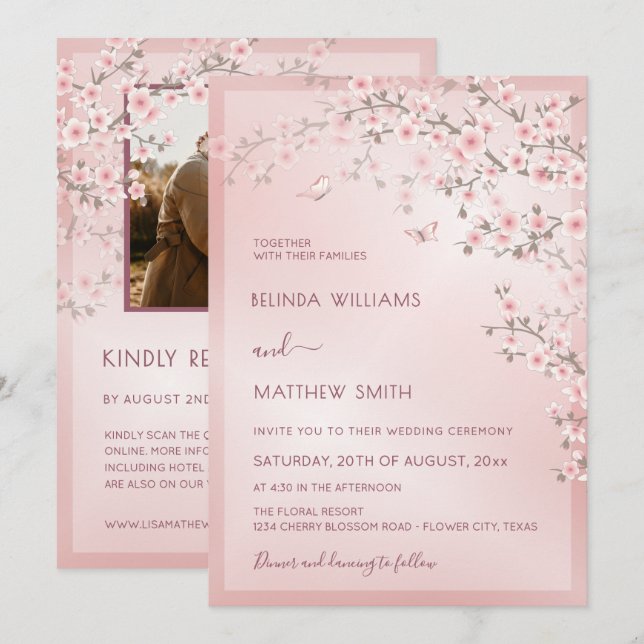 Invitación Blush Pink Cherry Blossom Photo Wedding (Anverso / Reverso)
