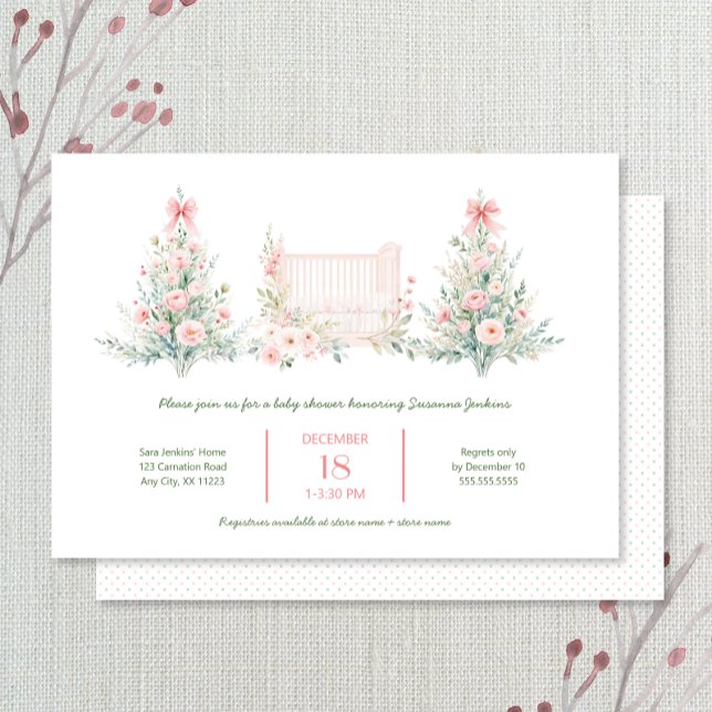Invitación Blush Pink Christmas Trees with crib Baby Shower (Subido por el creador)