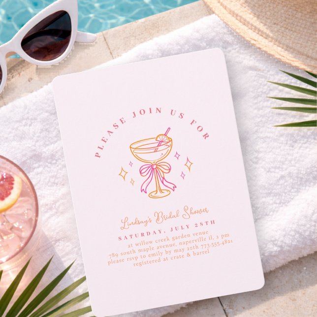 Invitación Blush Pink Cocktail Bridal Shower Bow (Yellow Pink Cocktail Bridal Shower Bow Invitation)
