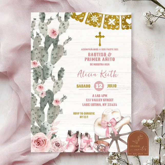 Invitación Blush Pink Cowgirl Spanish Girl Bautizo y Primer  (Subido por el creador)