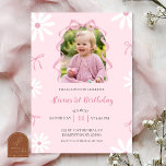 Invitación Blush Pink Daisy Bow Girl 1st Birthday with photo<br><div class="desc">Blush Pink Daisy Coquette Bow Girl 1st Birthday Invitation,  Girl First Birthday With Photo Invite,  Editable Kids Birthday Party</div>