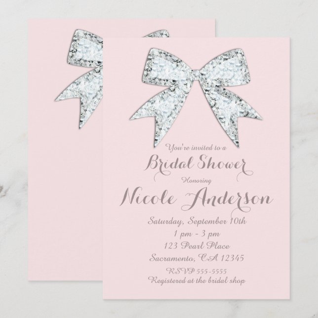 Invitación Blush Pink Diamond Bling Lazo Glam Despedida de So (Anverso / Reverso)