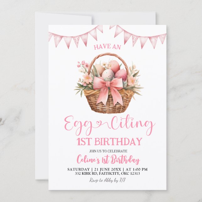 Invitación Blush Pink Eggciting Birthday (Anverso)