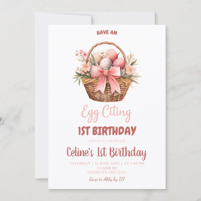 Invitación Blush Pink Eggciting Birthday (Anverso)