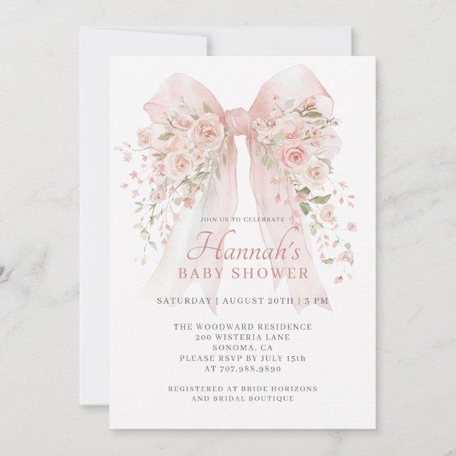 Invitación Blush Pink Floral Bow Girl Baby Shower (Anverso)