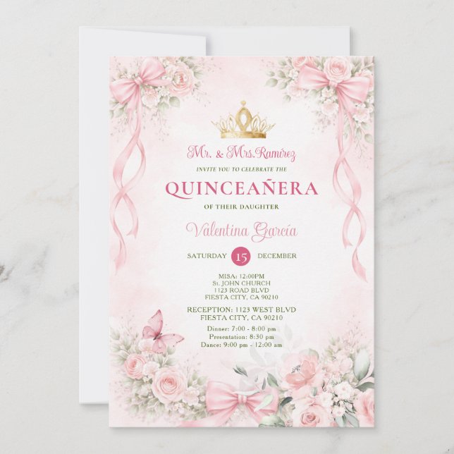 Invitación Blush Pink Floral Bow Ribbon Quinceañera (Anverso)