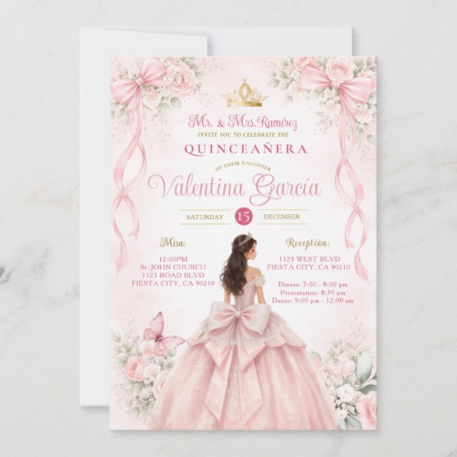 Invitación Blush Pink Floral Bow Ribbon Quinceañera (Anverso)