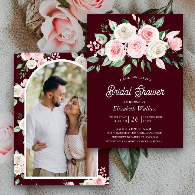 Invitación Blush Pink Floral Burgundy Photo Bridal Shower (Subido por el creador)