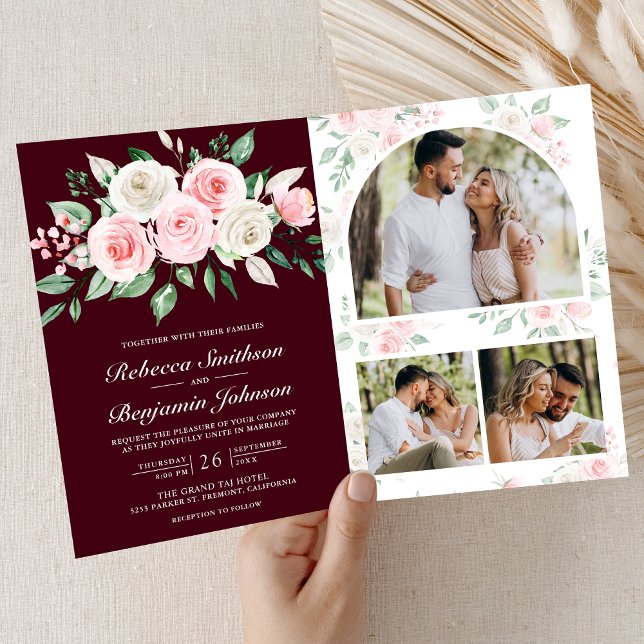 Invitación Blush Pink Floral Burgundy QR Code Wedding (Subido por el creador)