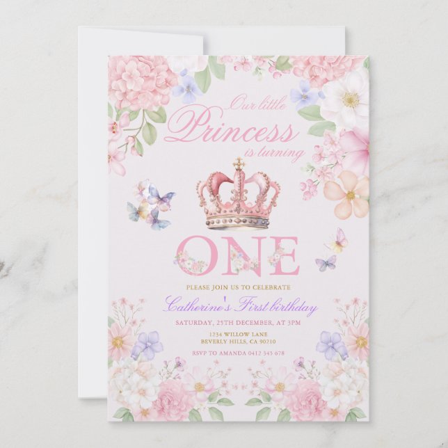 Invitación  Blush Pink Floral Butterfly Princess 1st Birthday (Anverso)