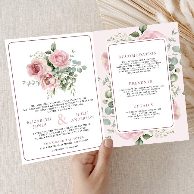 Invitación Blush Pink Floral Eucalyptus All in One Wedding (Subido por el creador)