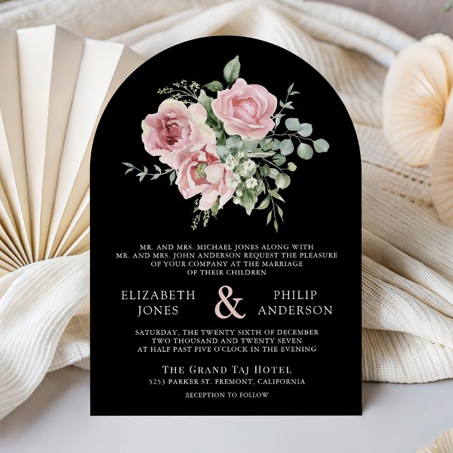 Invitación Blush Pink Floral Eucalyptus Black QR Code Wedding (Subido por el creador)
