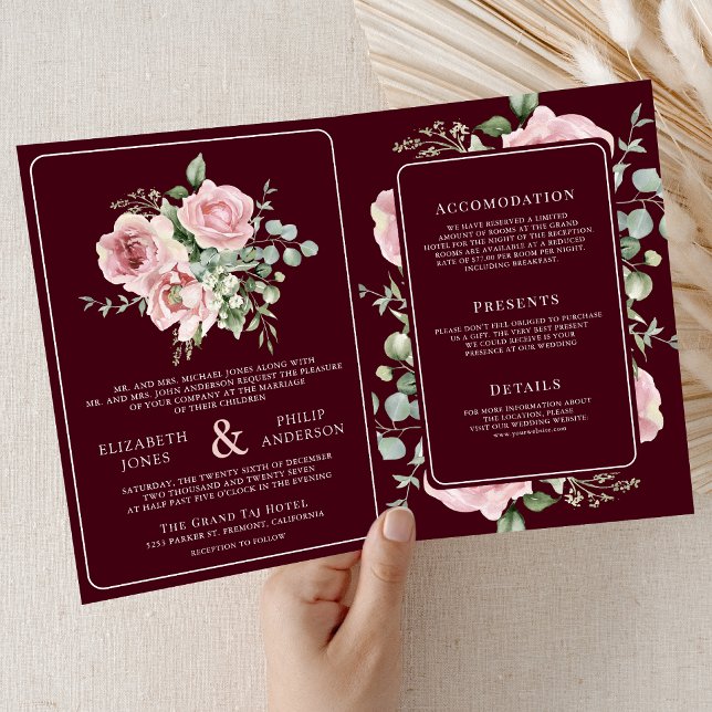 Invitación Blush Pink Floral Eucalyptus Burgundy Wedding (Subido por el creador)