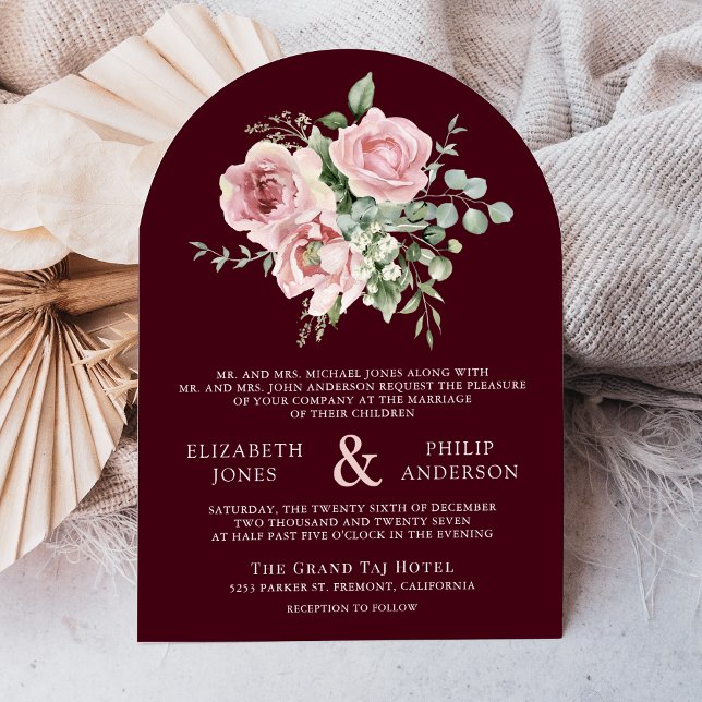 Invitación Blush Pink Floral Eucalyptus Burgundy Wedding (Subido por el creador)