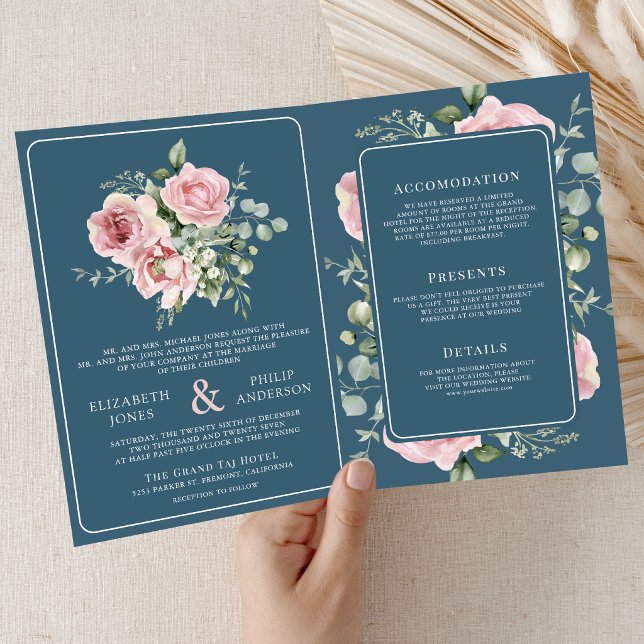 Invitación Blush Pink Floral Eucalyptus Dusty Blue Wedding (Subido por el creador)