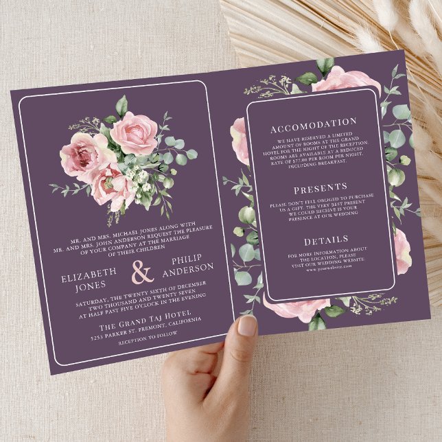 Invitación Blush Pink Floral Eucalyptus Dusty Purple Wedding (Subido por el creador)