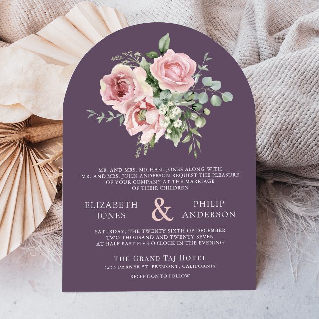 Invitación Blush Pink Floral Eucalyptus Dusty Purple Wedding (Subido por el creador)