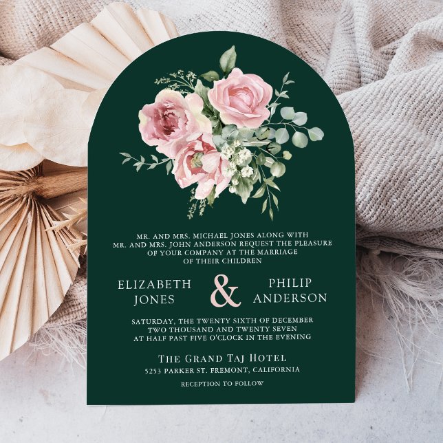 Invitación Blush Pink Floral Eucalyptus Emerald Green Wedding (Subido por el creador)