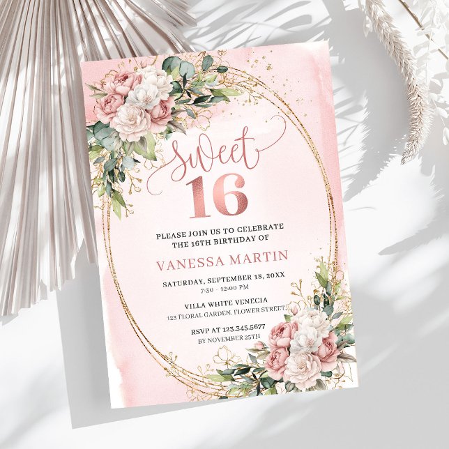 Invitación Blush Pink Floral Eucalyptus Sweet 16 Birthday  (Blush Pink Floral Eucalyptus Sweet 16 Birthday Invite)
