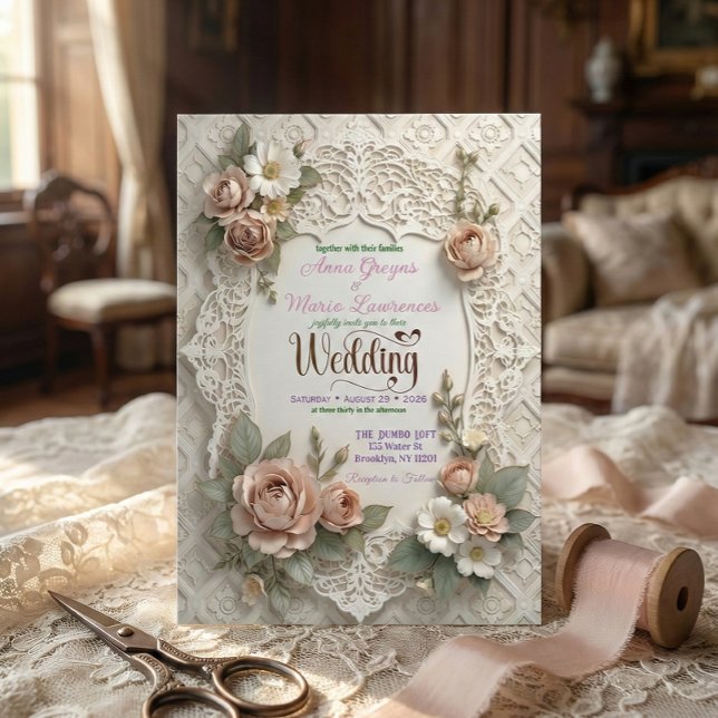 Invitación Blush Pink Floral Faux Laser Cut Lace Wedding  (Subido por el creador)