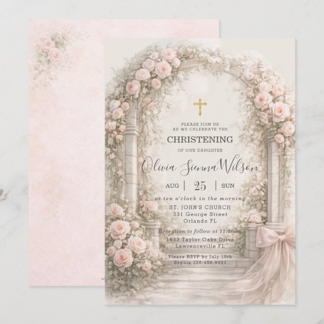Invitación Blush Pink Floral Garden Bow Baptism Christening (Anverso / Reverso)
