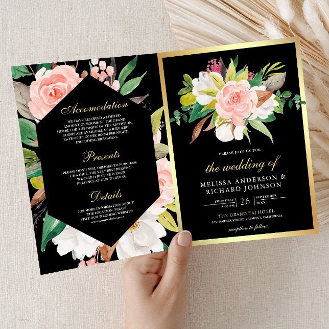 Invitación Blush Pink Floral Gold Black QR Code Wedding (Subido por el creador)