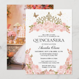 Invitación Blush Pink Floral Gold Tiara Photo Quinceanera