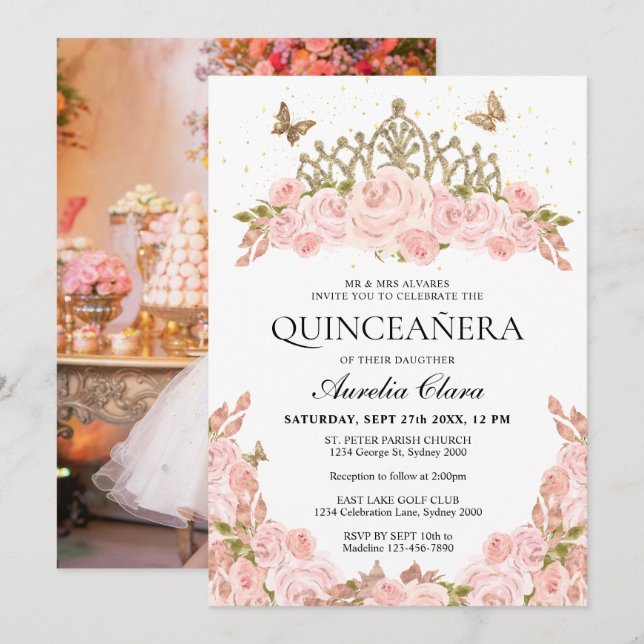 Invitación Blush Pink Floral Gold Tiara Photo Quinceanera (Anverso / Reverso)