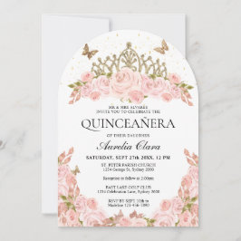 Invitación Blush Pink Floral Gold Tiara Quinceanera Arch