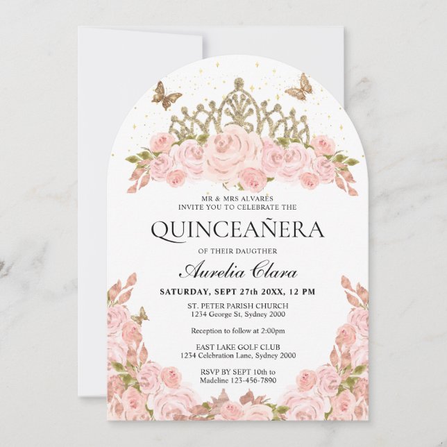Invitación Blush Pink Floral Gold Tiara Quinceanera Arch (Anverso)