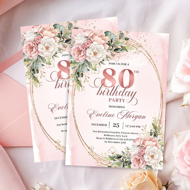 Invitación Blush Pink Floral Greenery Gold Glitter 80th Bday (Blush Pink Floral Greenery Gold Glitter 80th Invitation)