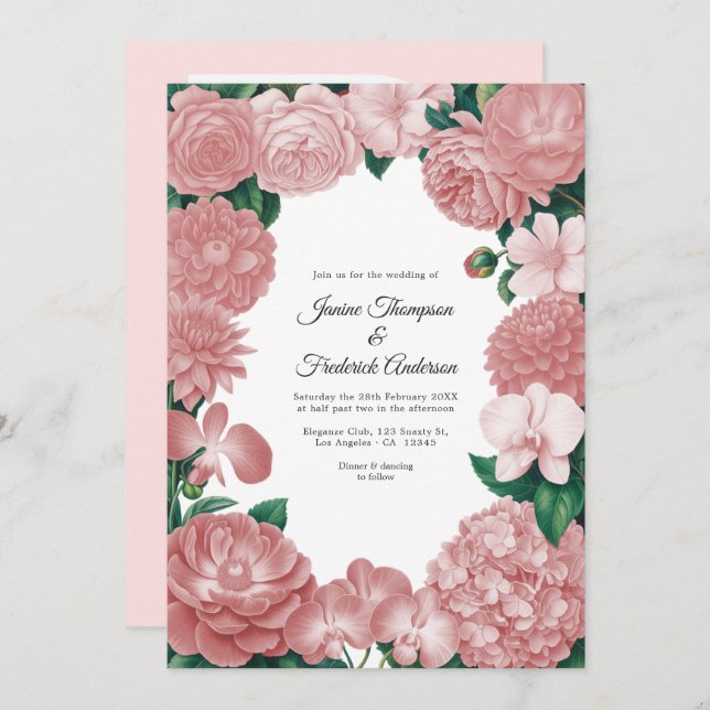 Invitación Blush Pink Floral Photo and QR Code Wedding (Anverso / Reverso)