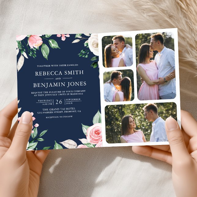 Invitación Blush Pink Floral QR Code Navy Blue Wedding (Subido por el creador)