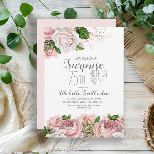 Invitación Blush Pink Floral Surprise 75th Birthday Women (Elegant pink vintage roses 75th birthday party invitation)