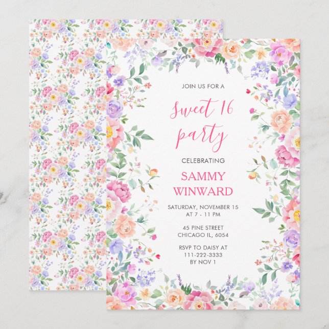Invitación Blush Pink Floral Sweet 16 Wildflower Party (Anverso / Reverso)