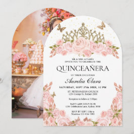 Invitación Blush Pink Floral Tiara Quinceanera Photo Arch