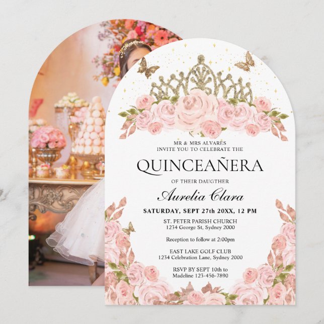 Invitación Blush Pink Floral Tiara Quinceanera Photo Arch (Anverso / Reverso)