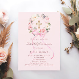 Invitación Blush pink florals bow cross First Communion