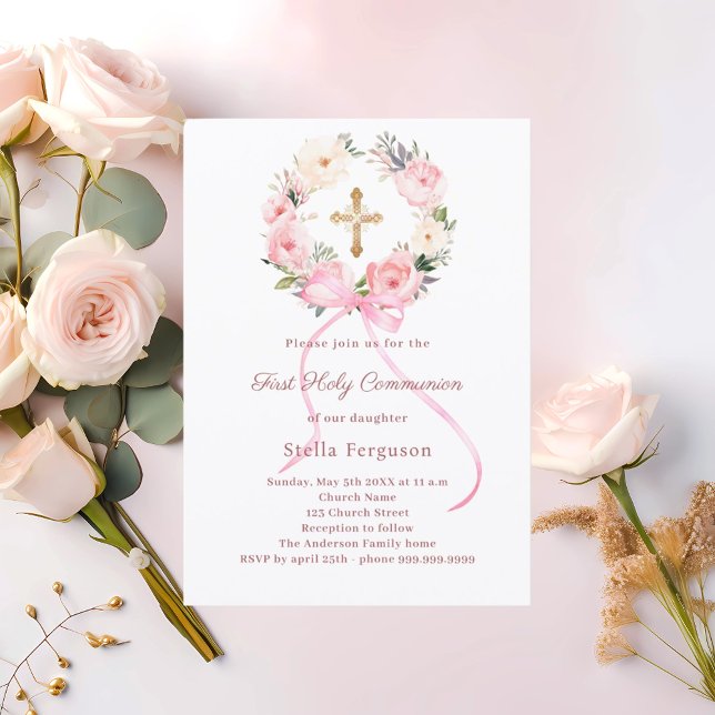 Invitación Blush pink florals bow cross First Communion (Subido por el creador)