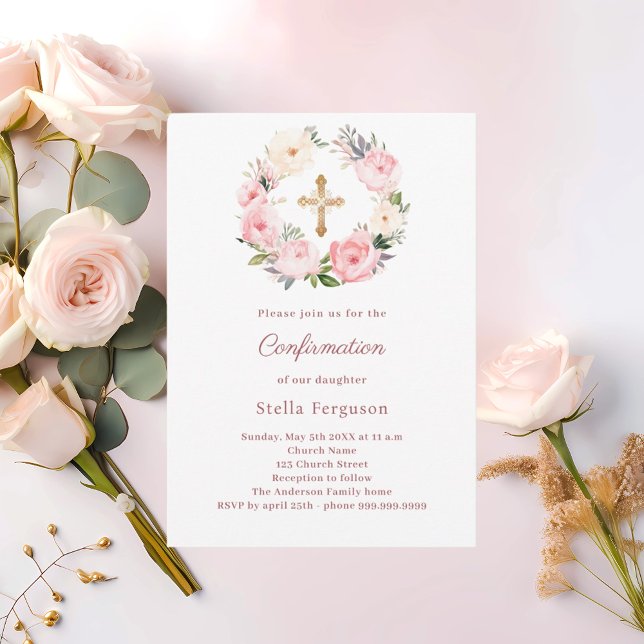 Invitación Blush pink florals cross Confirmation (Subido por el creador)