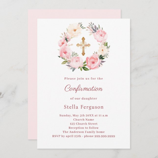 Invitación Blush pink florals cross Confirmation (Anverso / Reverso)