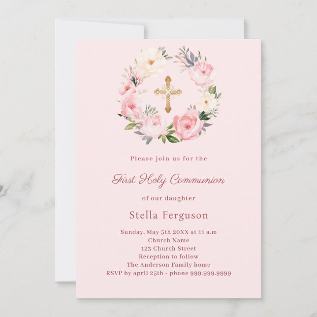Invitación Blush pink florals cross First Communion (Anverso)