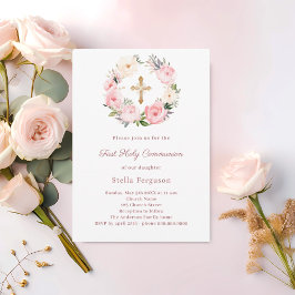 Invitación Blush pink florals cross First Communion