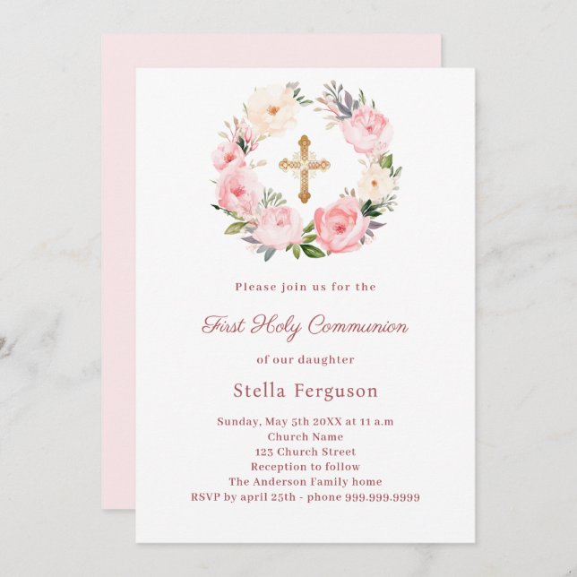 Invitación Blush pink florals cross First Communion (Anverso / Reverso)